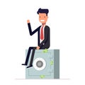 Businessman Or Manager Sits On A Private Safe. Storage Of Money. Vector, Illustration EPS10.