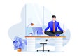 Businessman manager sitting in lotus pose on office desk. Office yoga break. Vector illustration. Relaxing time at work