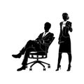 Businessman, manager is sitting in an office chair vector. Businesswoman is standing with a cup of coffee or tea black on white