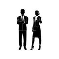 Businessman, manager standing with his arms crossed on his chest vector. Business woman standing with a cup of coffee or tea.