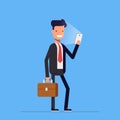 Businessman or manager standing with phone and briefcase. Happy man in a business suit. Vector, illustration EPS10.