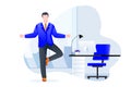 Businessman stands in tree pose vrksasana. Office yoga break. Vector character illustration. Relaxing time at work