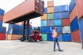 Businessman manager touching computer laptop check and control for workers with container