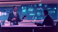 Businessman managing smart home devices using smart home automation app on tablet, controlling lights, temperature, and security