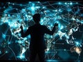 Businessman Manipulating Virtual World Map Dynamic Digital Data Flow Visualizing Global Economic Connectivity