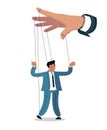 Businessman marionette on ropes controlled hand. Business metaphor vector illustration