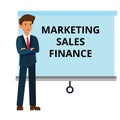 Businessman with marketing, finance, sales presentation cartoon flat vector illustration concept on isolated white