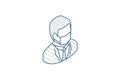 Businessman in mask, coronavirus, influenza, fever prevention isometric icon. 3d line art technical drawing. Editable stroke