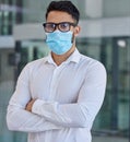 Businessman, mask and glasses with arms crossed in covid vision for health, safety and protection at office. Portrait of