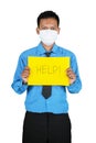 Businessman in mask and holding Help text