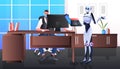 businessman in mask and robot working together artificial intelligence teamwork concept office interior Royalty Free Stock Photo