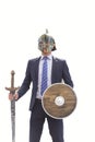 Businessman with Masked Knight Sword and Shield