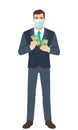 Businessman with medical mask counts the money. Full length portrait of Businessman in a flat style