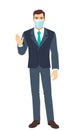 Businessman with medical mask greeting someone with his hand raised up. Full length portrait of Businessman in a flat style