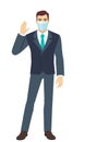 Businessman with medical mask greeting someone with his hand raised up. Full length portrait of Businessman in a flat style