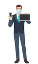 Businessman with medical mask holding mobile phone and digital tablet PC. Full length portrait of Businessman in a flat style Royalty Free Stock Photo