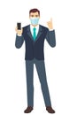 Businessman with medical mask holding mobile phone and pointing up. Full length portrait of Businessman in a flat style