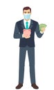 Businessman with medical mask holding a piggy bank and showing a money. Full length portrait of Businessman in a flat style