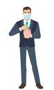 Businessman with medical mask puts banknote in a piggy bank. Full length portrait of Businessman in a flat style