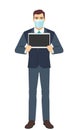 Businessman with medical mask showing blank digital tablet PC. Full length portrait of Businessman in a flat style