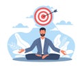 Businessman meditates, concentrates on accomplishing task or goal. Man sitting in lotus position. Thought process