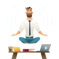 Businessman meditates and hovers over workplace. Concept of meditation. Yoga pose. Cartoon style vector illustration. Royalty Free Stock Photo