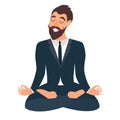 Businessman meditating. Concept of calm business, work at office. Happy worker. Businessman in yoga pose, lotus position. Business