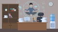 Businessman is meditating in lotus pose over table in office room. Doing yoga and get calm at workplace. Relax