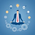 Businessman meditating in peace at the office with icons. Time management, stress relief and problem solving concepts. Royalty Free Stock Photo