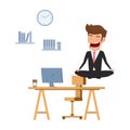 Businessman meditating in peace over the office table. Time management, stress relief and problem solving concepts. Royalty Free Stock Photo