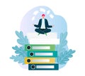 Businessman meditating on stack of books, calm male professional in lotus pose, mindfulness. Work-life balance and