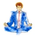Businessman meditating, watercolor vector illustration, business man meditation in lotus Royalty Free Stock Photo