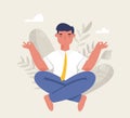 Businessman meditation in office. Man doing yoga. The concept of relaxing in lotus position. Calm at work, Stress relief. Vector i