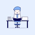 Businessman meditation in office. yoga at job. young man relaxing in lotus position on table with computer at work. Cartoon