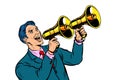 Businessman with a megaphone. announcement advertising