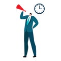 Businessman with megaphone standing next to large clock. Male executive making an announcement. Time management and