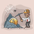 Businessman mines bitcoin. Illustration rock Bitcoin businessman holding pickaxe