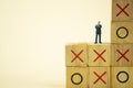 Businessman miniature standing and thinking on o x board games. Tic Tac Toe