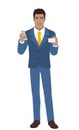 Businessman with mobile phone shows the business card