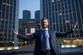 Businessman on the modern building of the financial business centre. Royalty Free Stock Photo