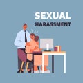 businessman molesting female employee sexual harassment at work concept lustful boss touching secretary's shoulders Royalty Free Stock Photo