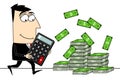 Cartoon businessman holding calculator, money