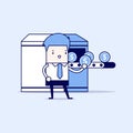 Businessman with money making machine. Cartoon character thin line style vector. Royalty Free Stock Photo