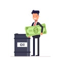 Businessman with money manager or stands near the barrels of oil. Black Gold. Earnings on natural resources. Vector