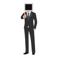 Businessman with monitor head. Mixed media wearing suit tuxedo giving thumb up