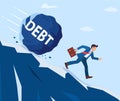 Businessman on mountain running away from big debt Royalty Free Stock Photo