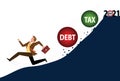 Businessman on mountain running away from big debt weight. Business man with briefcase and wrecking ball. Tax, debt, fee, crisis Royalty Free Stock Photo