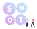 Businessman Moving Huge Cogwheels with Swot Typography, Businesswoman Looking through Spyglass