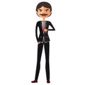 Businessman with a mustache thumbs down. Angry unhappy businessman character vector flat cartoon illustration