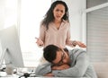 Businessman, nap and office with angry manager in company with exhausted from overworked in business. Woman, supervisor Royalty Free Stock Photo